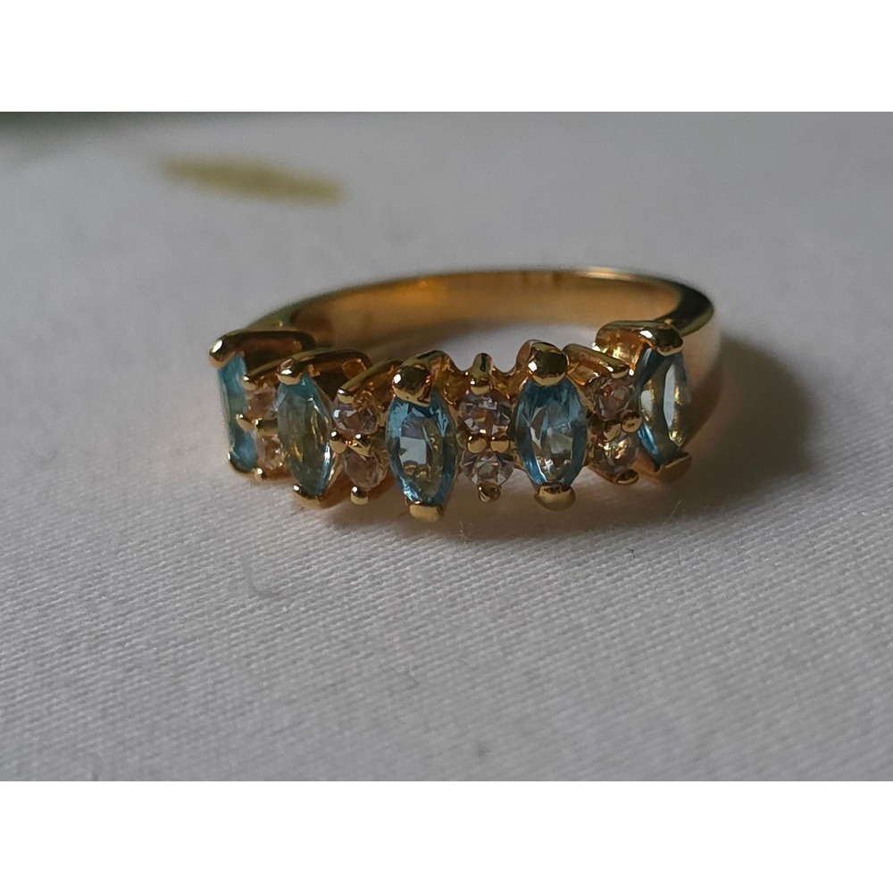 Vintage Style Gold Plated Marquise Blue Stone Accent Ring Size 6 Topaz Band